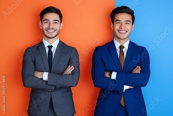 Obraz Two confident young businessmen in formal suits standing with arms crossed against vibrant split color orange and blue background symbolizing success teamwork and leadership