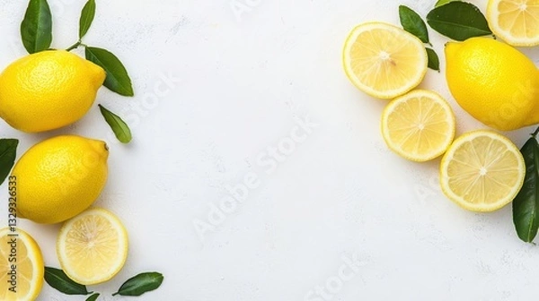 Fototapeta Topdown view of a whole lemon with smooth skin, fresh and zesty, plain white background