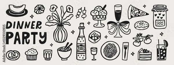 Obraz Dinner party hand-drawn doodle elements. Cafe vector set, breakfast, brunch, lunch menu drawings