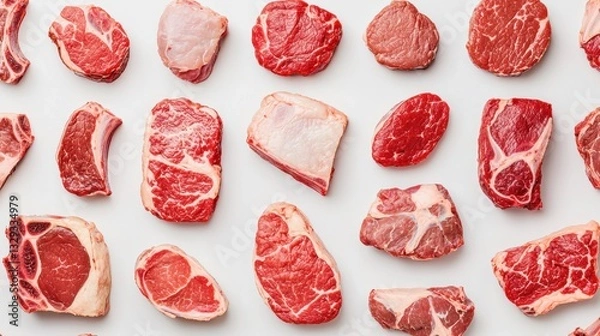 Obraz A variety of different beef cuts arranged for display  long title A diverse assortment of raw uncooked beef cuts including various roasting