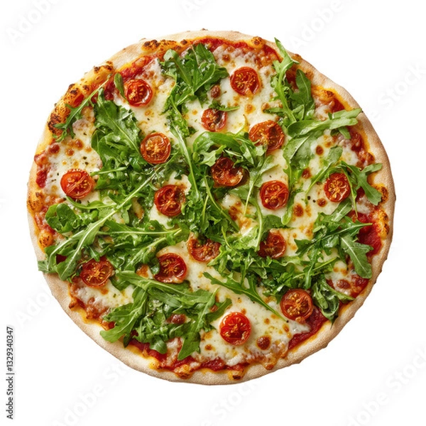 Fototapeta Tomato and Arugula Pizza: An appetizing, top-down view showcases a freshly baked pizza, adorned with vibrant red cherry tomatoes and fresh green arugula, offering a tempting culinary experience. 