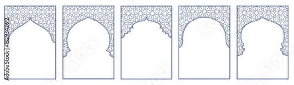 Fototapeta Line islamic windows, mosque doors with traditional pattern. Ramadan or Al-Adha golden decoration, holiday frames. Vertical format for cards or social media. Transparent background in vector file.
