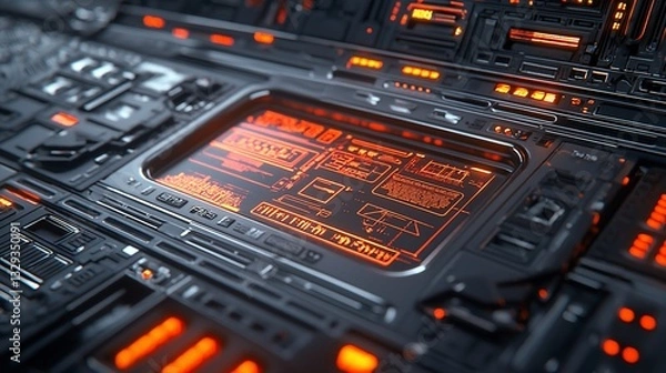 Fototapeta Futuristic technological interface with glowing orange display.