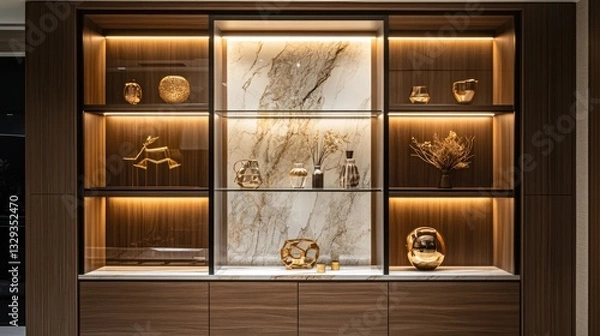 Fototapeta Minimalist home featuring a built-in display unit with glass panels, highlighting curated decor pieces