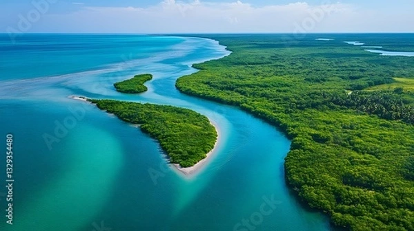 Fototapeta Winding turquoise river delta flowing into blue ocean, surrounded by lush green mangroves and sandy shores. pristine coastal ecosystem under clear sky with scattered clouds.
