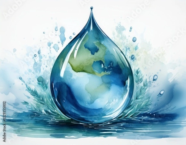 Obraz Generated image Watercolor painting style illustration for world water day with a clear water droplet