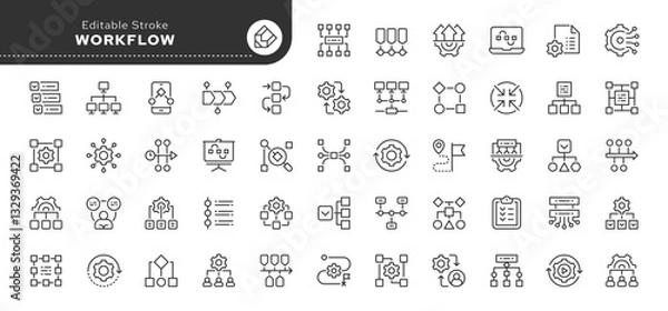 Obraz Workflow line icon set. Process, activity, organization, productivity, sequence, scheme, gear, block, template and more. Outline vector icon in linear style. Pictogram collection