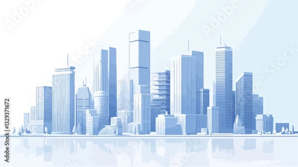 Fototapeta A digital illustration depicting a stylized cityscape skyline. The image features numerous skyscrapers rendered in shades of light blue against a bright white background. The buildings are