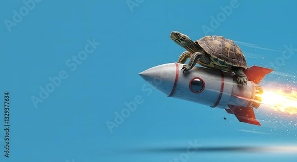 Fototapeta Turtle riding a rocket, surreal fast speed concept.