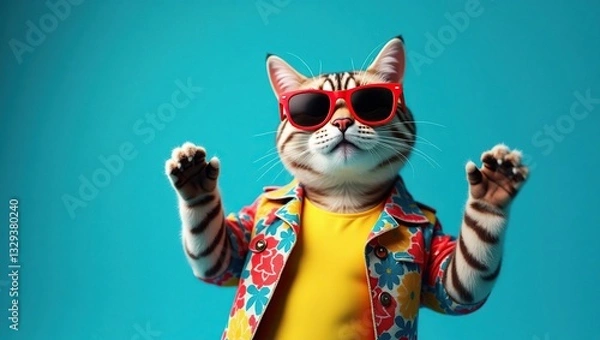 Obraz Anthropomorphic Tiger in a Colorful Jacket on a Solid Teal Background