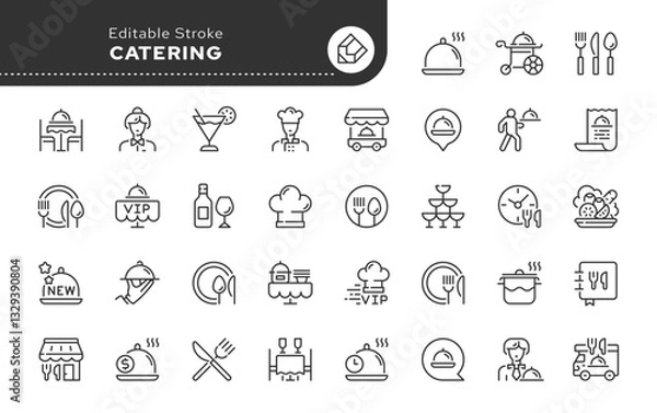 Fototapeta Catering line icon set. Catering service, food, delivery of ready meals, guest service, menu for event, banquet and more. Outline vector icon in linear style. Pictogram collection.	