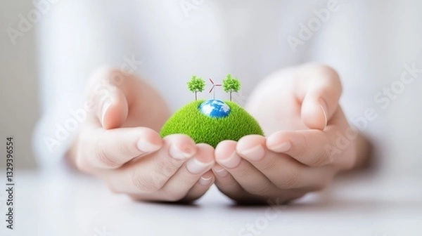 Fototapeta A pair of hands gently holds a small green globe with trees, symbolizing care for the planet and environmental awareness.