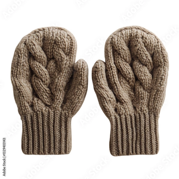 Fototapeta Chunky Knit Mittens in Warm Taupe with Thick Yarn Isolated on Transparent Background