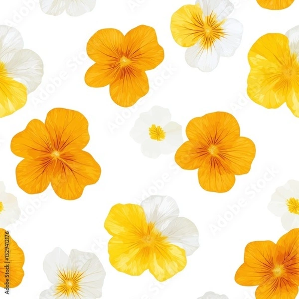 Fototapeta Delicate Nasturtium Flowers in Vibrant Warm Tones Creating a Beautiful Floral Pattern on a White Background