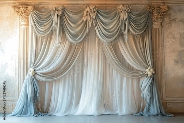 Fototapeta Elegant curtains drape in front of classical architecture columns