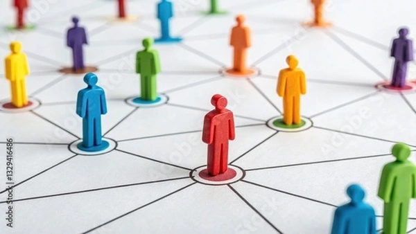 Fototapeta Social Network Visualization with Multicolored Wooden Figures Connected by Lines