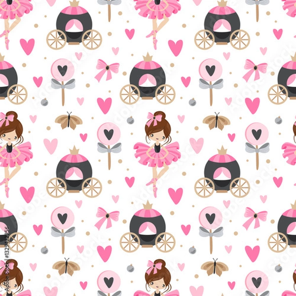 Fototapeta Seamless pattern with hand drawn ballerinas and romantic elements.