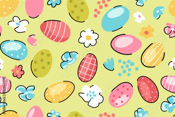 Fototapeta Seamless pattern with Easter eggs and flowers. Easter cute pattern on light green background. Hand drawn vector illustration. Design element. Happy Easter