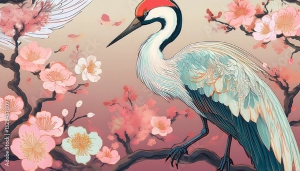 Obraz Repeating Japanese crane and cherry blossom motifs set in soft pastel gradients, creating an elegant and serene design.
