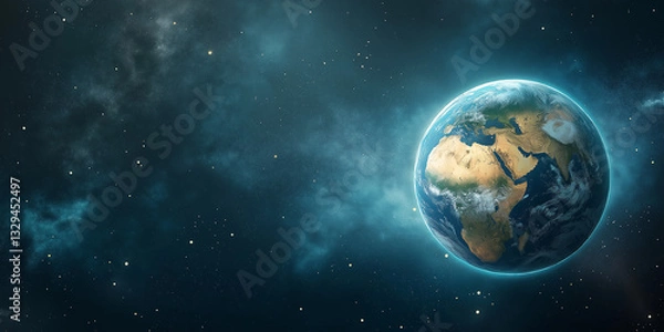Fototapeta A breathtaking view of Earth from space, glowing in shades of blue and green, symbolizing unity and care for our shared home, with empty space on the right for text