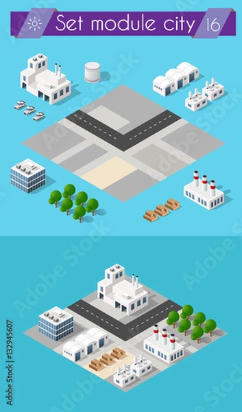 Obraz Building 3D industry construction for isometric infographics of flat design with urban landscape and industrial factory buildings and vector illustration