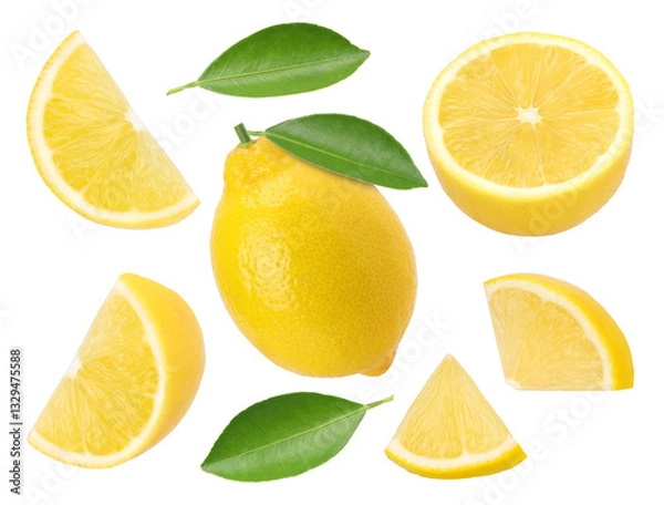 Fototapeta lemon fruit with leaves, slice and half isolated, Fresh and Juicy Lemon, transparent png, PNG format, cut out , collection