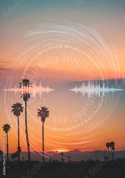 Obraz Sunset Palms with Soundwave Overlay
