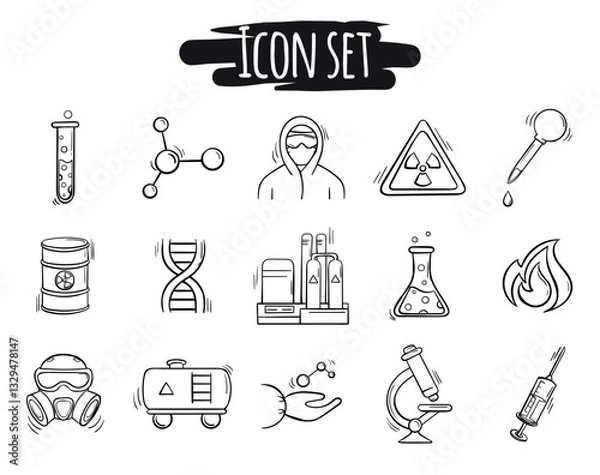Fototapeta Vector set of hand drawn icons of chemical industry. Black and white doodle signs and symbols related to medicine, environmental protection, laboratory discoveries and science.