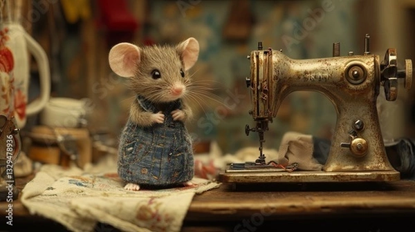 Fototapeta A mouse on a sewing machine table for tailoring. digital