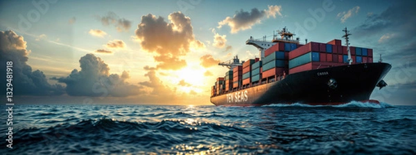 Fototapeta Container ship sailing in the sea. Image for cargo companies and events. Sunset time