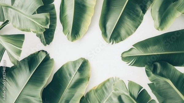 Obraz green banana tree leaves, their wide and lush textures fully isolated on a bright white background