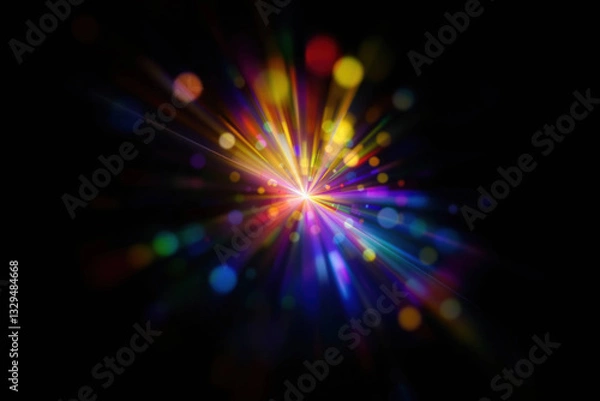 Fototapeta Vibrant light rays burst from central glow, scattered bokeh