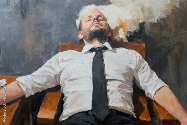 Fototapeta A man in a white shirt and black tie reclines, seemingly in a moment of relaxation or contemplation, surrounded by an abstract, smoky background.