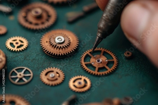 Fototapeta A close-up of a hand working on intricate copper gears, showcasing craftsmanship and precision in mechanical design.