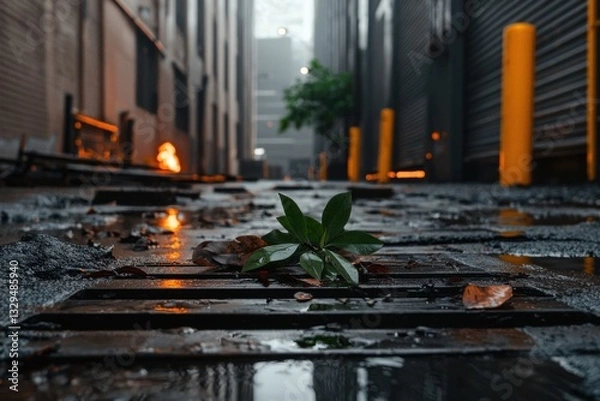 Fototapeta A solitary green plant emerges from a drain in a rainy alley, surrounded by urban textures and muted colors, symbolizing resilience in the city.