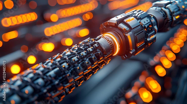 Fototapeta A close-up view of a futuristic mechanical component, showcasing intricate details and glowing orange accents against a dark background.