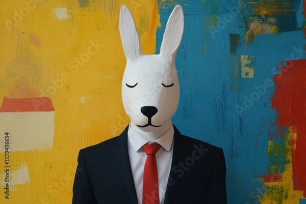 Fototapeta A surreal figure in a suit with a rabbit mask stands against a vibrant, abstract background, combining elements of whimsy and sophistication.