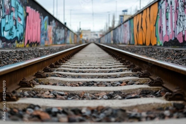 Fototapeta A perspective view of railway tracks flanked by vibrant graffiti, showcasing urban art against a cloudy sky.