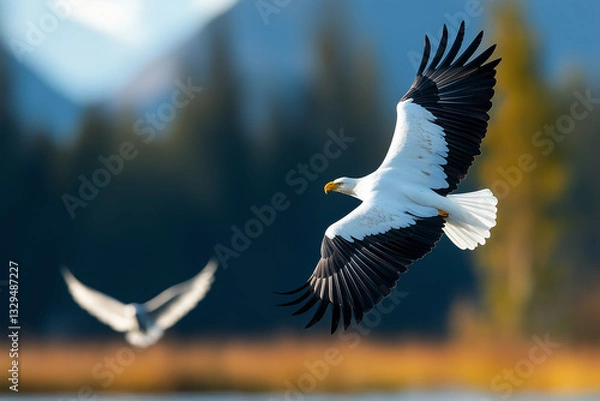 Fototapeta Majestic bald eagles soaring gracefully in sky, showcasing their impressive wingspan against blurred natural backdrop. scene captures beauty of wildlife in flight