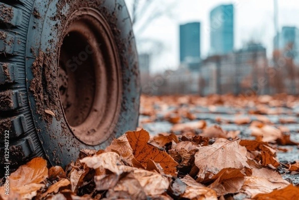 Fototapeta A close-up of a muddy tire surrounded by autumn leaves, with a cityscape in the background, capturing a blend of nature and urban life.