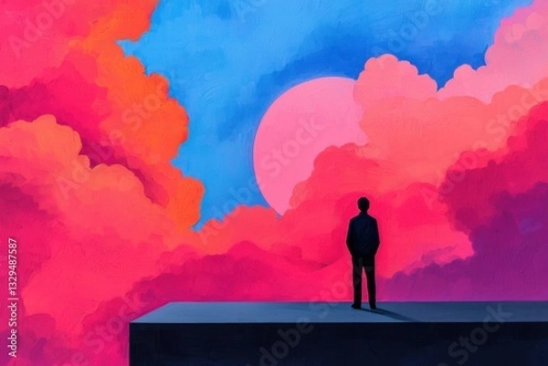 Fototapeta A silhouette stands on a ledge, gazing at a vibrant sunset filled with pink, blue, and orange clouds, evoking a sense of contemplation and wonder.