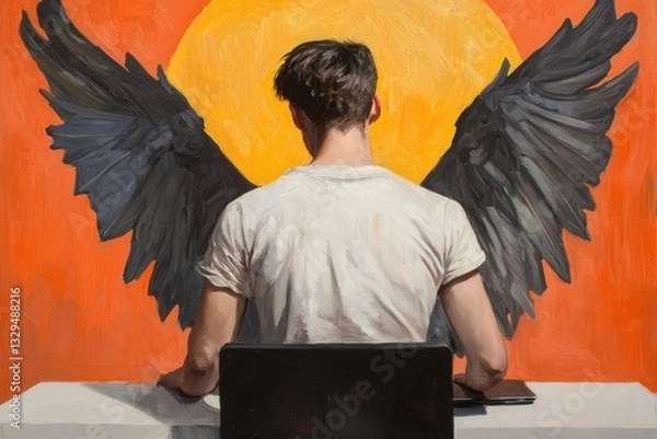 Fototapeta A person sits at a desk with a laptop, their back to us, surrounded by a vibrant orange background featuring large, stylized wings.