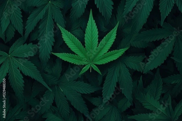 Fototapeta A vibrant green cannabis leaf stands out amidst a dense backdrop of darker green leaves, highlighting its unique shape and texture.