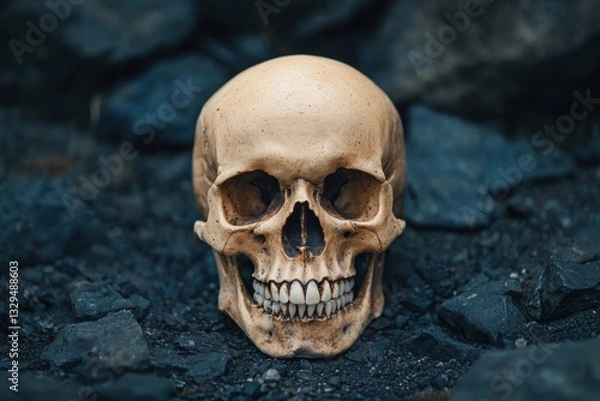 Fototapeta A realistic human skull rests on dark, textured stones, creating a stark contrast that evokes themes of mortality and the passage of time.