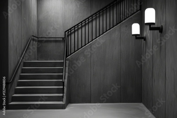Fototapeta A minimalist black and white image showcasing a staircase against a textured wall, illuminated by wall-mounted lamps.