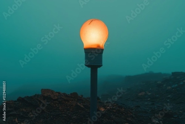Fototapeta A glowing light bulb stands alone in a foggy landscape, creating an ethereal atmosphere with its warm light against a muted background.