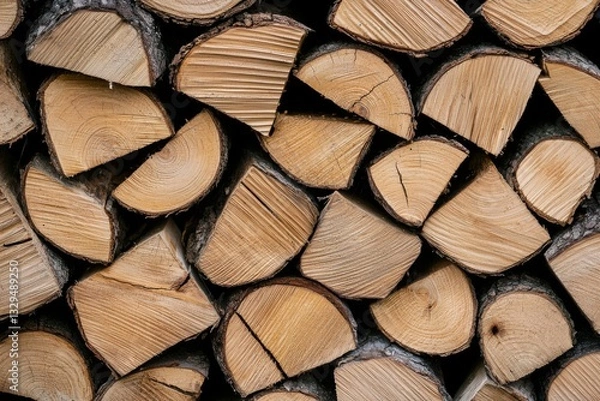 Fototapeta A close-up view of neatly stacked firewood logs, showcasing their natural texture and color variations.