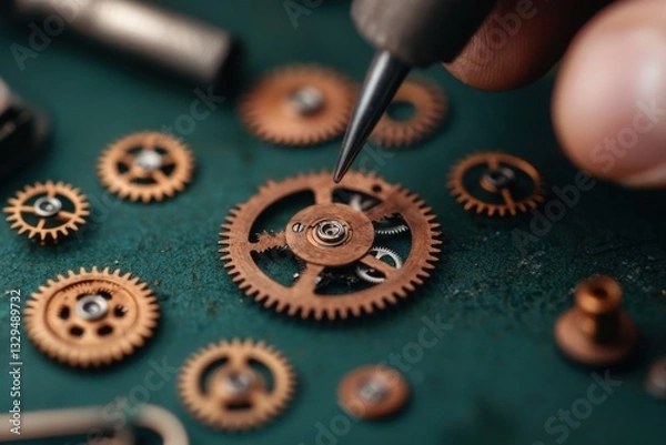 Fototapeta A close-up of a hand assembling intricate copper gears on a work surface, showcasing the precision of mechanical craftsmanship.