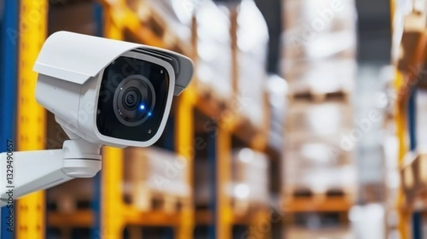 Fototapeta A security camera monitors a warehouse environment filled with neatly stacked boxes, emphasizing safety and surveillance.