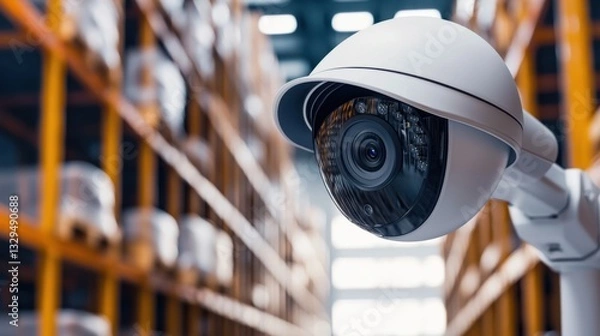 Fototapeta A surveillance camera monitors a warehouse, ensuring security and safety in an organized storage environment.